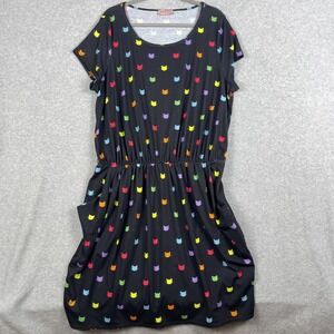 Popsy Cat Print Fit & Flare Dress Black Multi Womens 20 US 16 Playful Whimsical